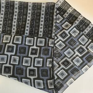 Vintage 90s Blue Green Mod Square Print Semi Sheer Long Wrap Scarf